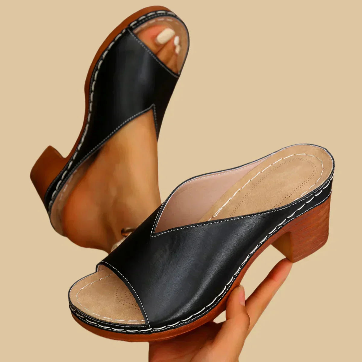 Elvira | Dame Åben Tå Slip On Mules Med Blokhæl