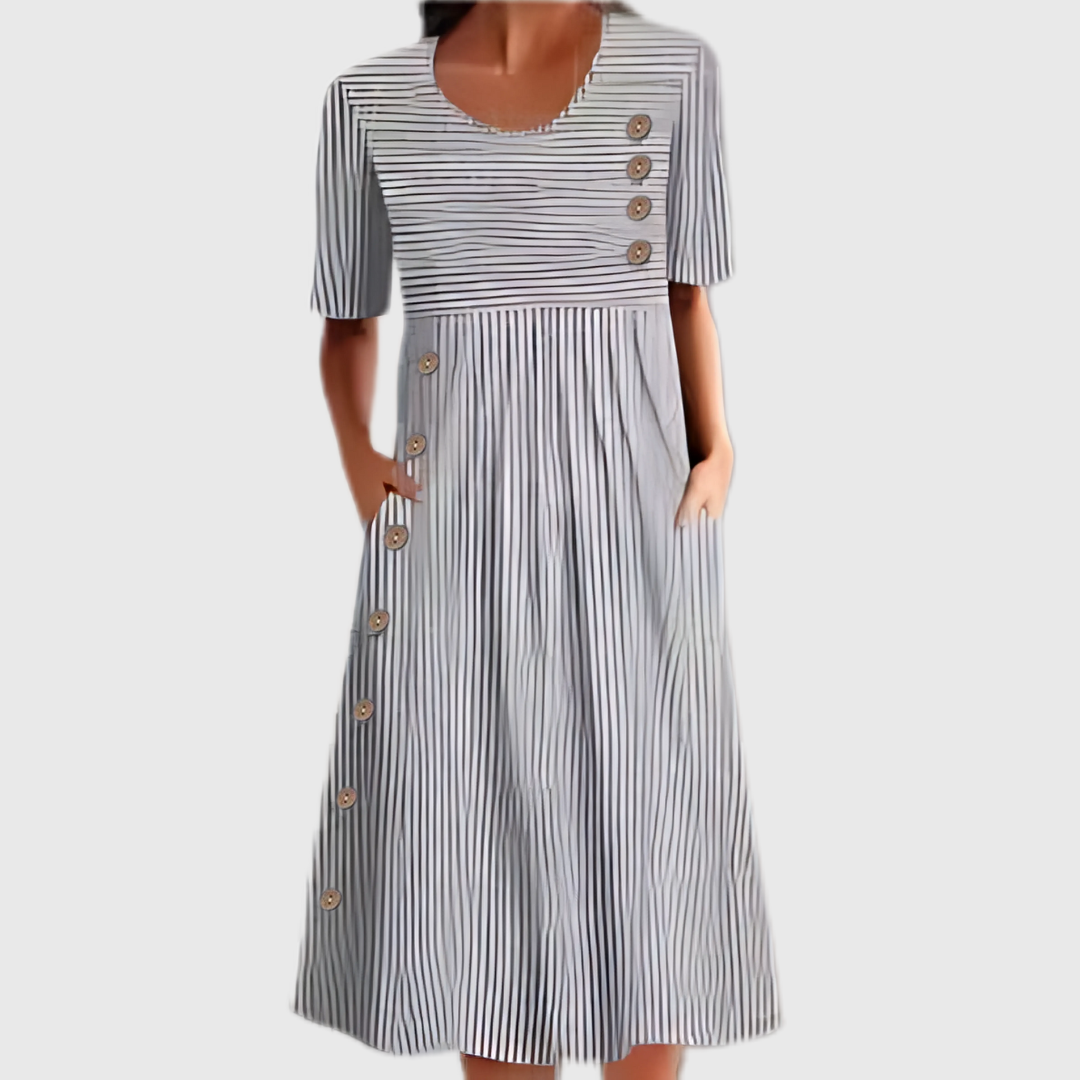 Sara | Dame Stribet Midi Kjole Med Knapdetaljer