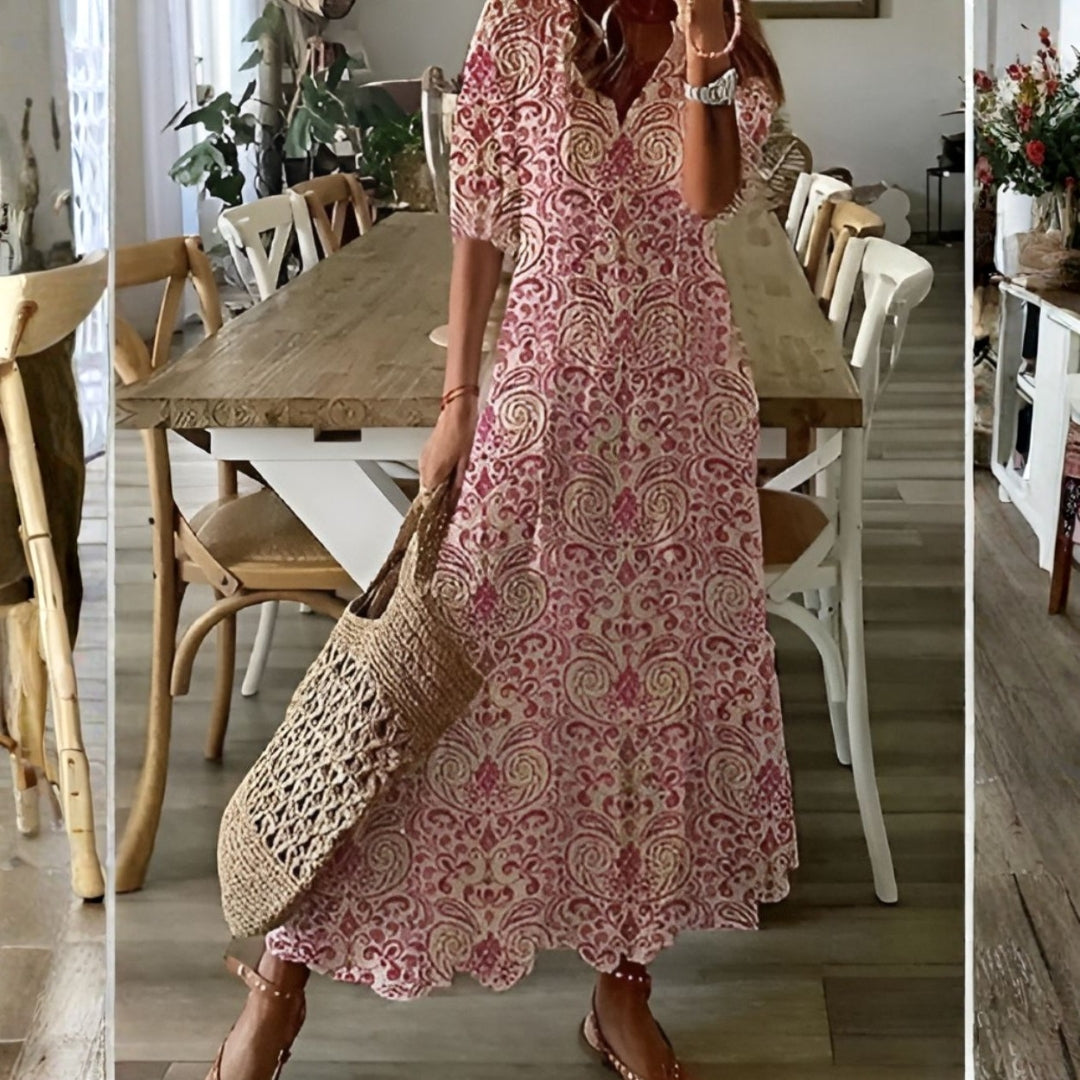 Solveig | Dame Printet Kvaster V Hals Maxi Kjole