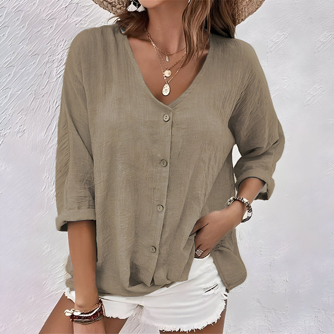 Susanne | Dame Knaplukning V Hals Casual Top