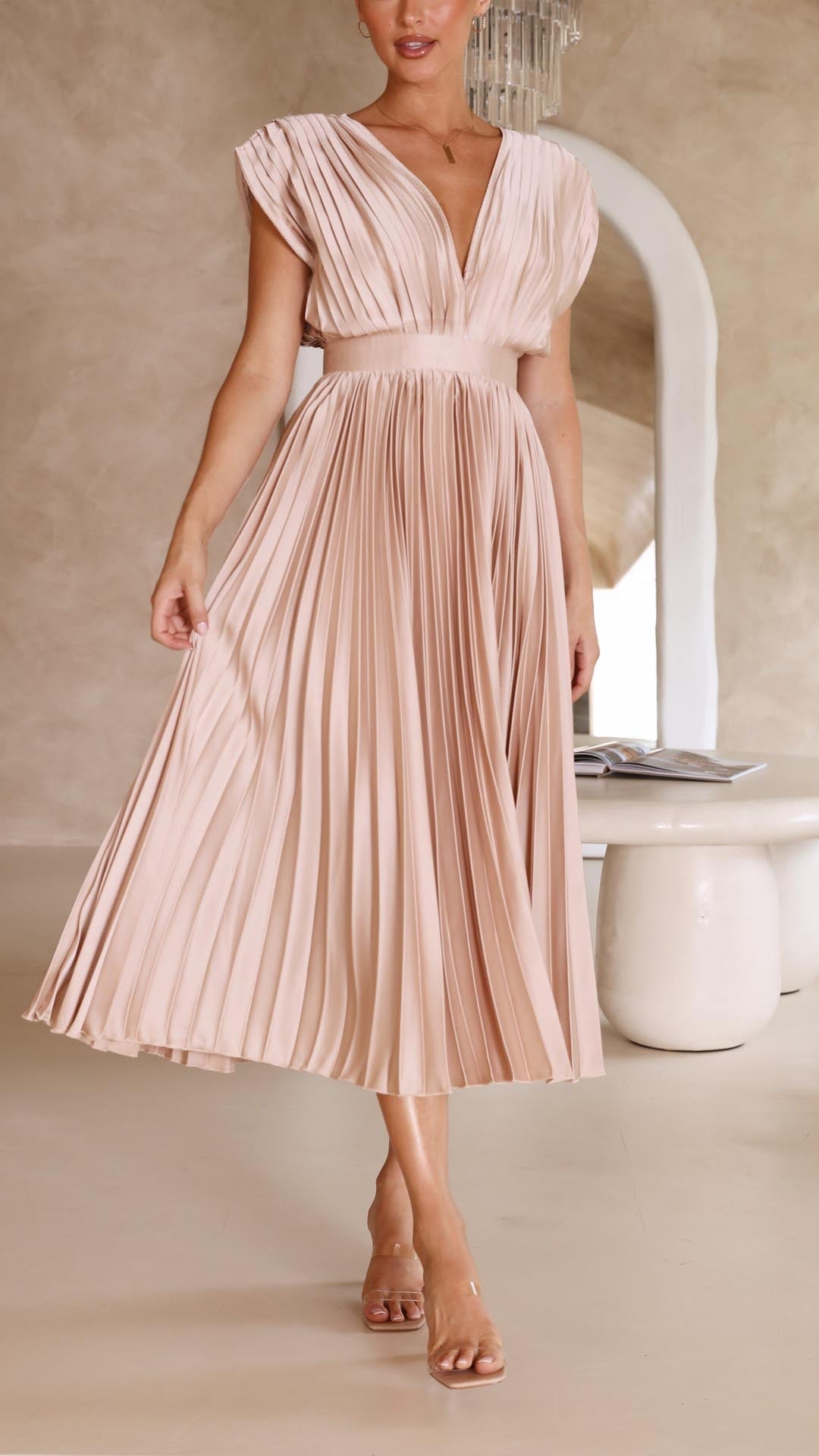 Emilia | Dame Elegant Dyb V Plisseret Midi Kjole
