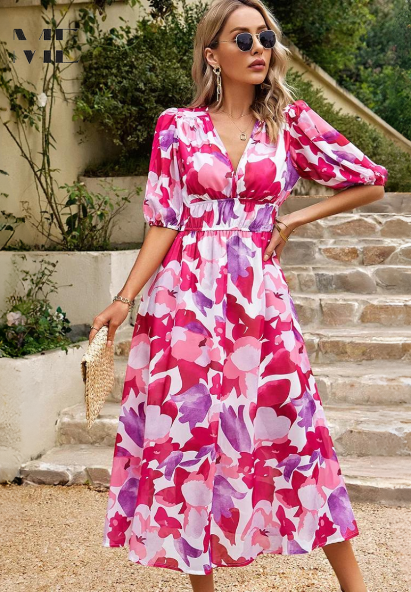 Felicia | Dame Farverig Blomstret V-Hals Midi Kjole
