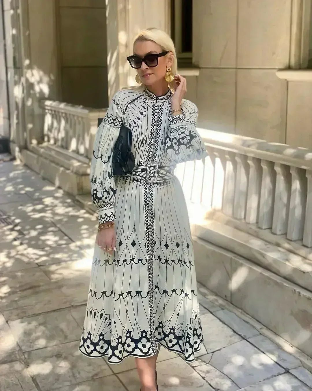 Sofia | A-Line Kjole Lang Ærme Vintage Print Elegante