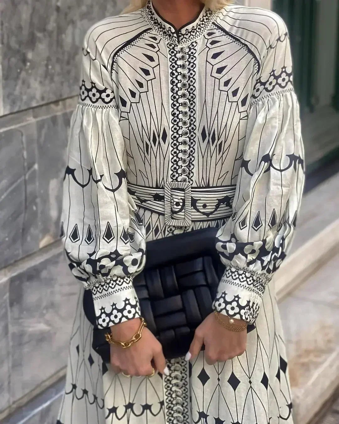 Sofia | A-Line Kjole Lang Ærme Vintage Print Elegante