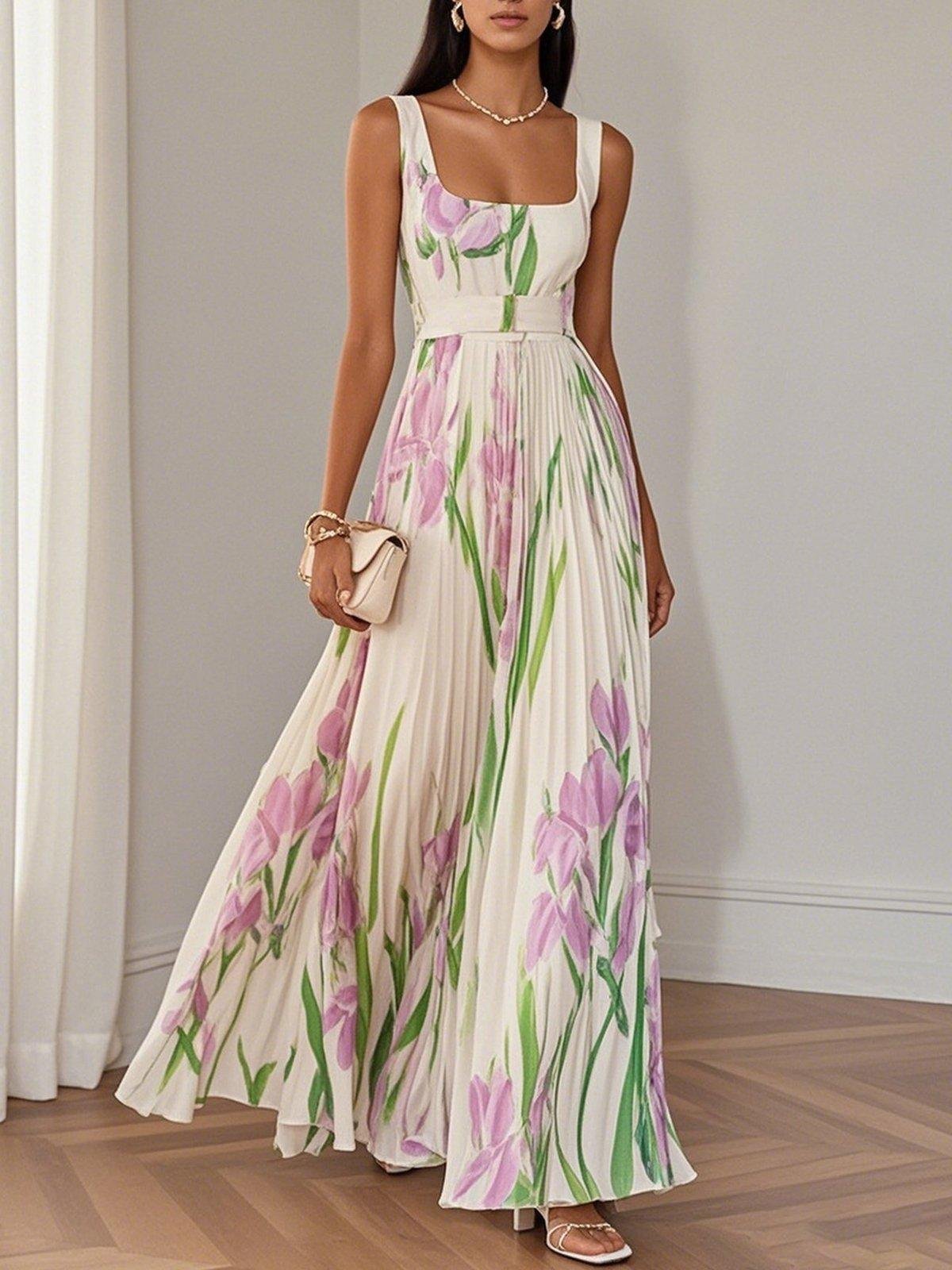 Josefine | A-Line Maxi Kjole Plisseret Blomsterprint Firkantet