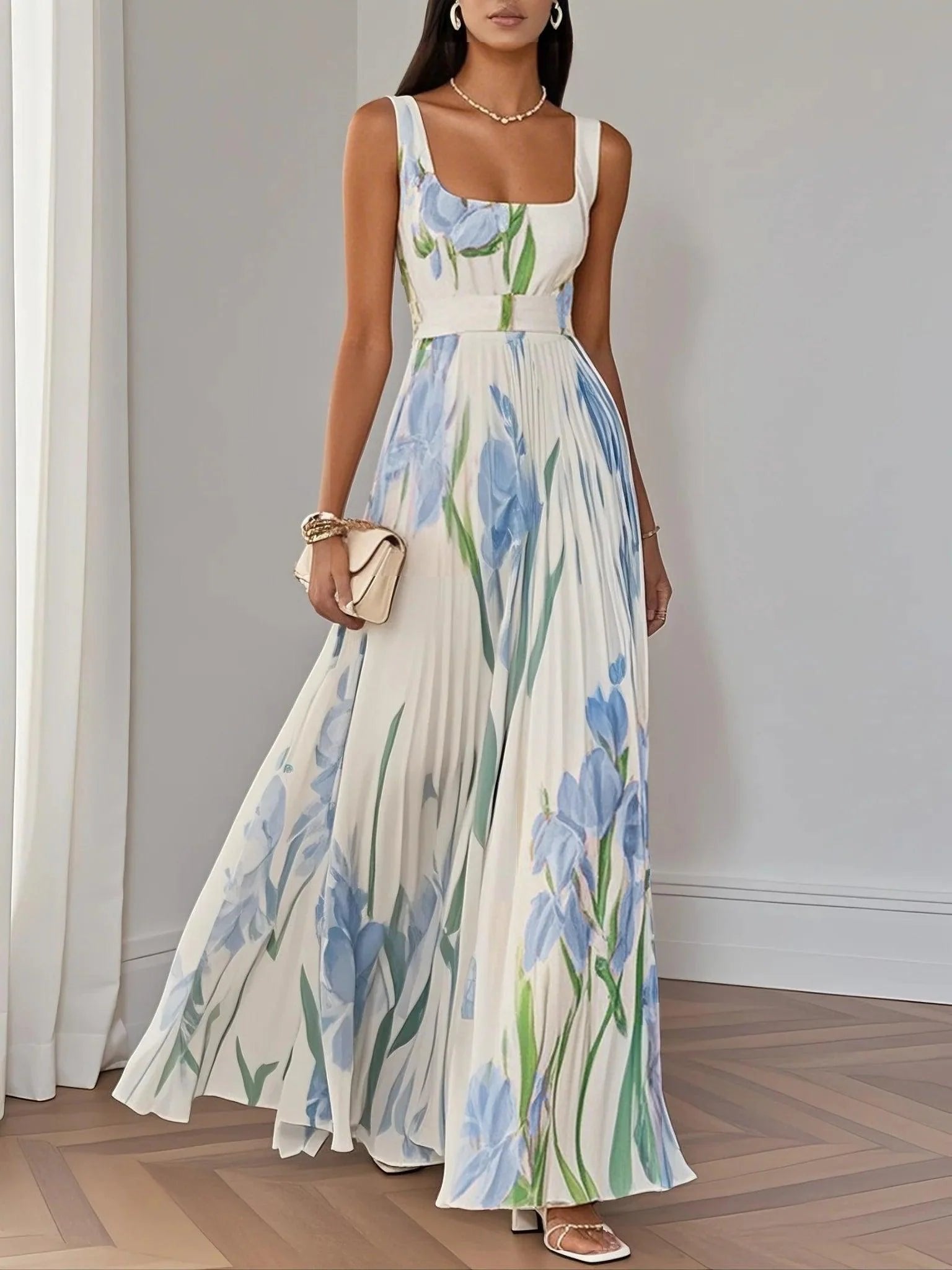 Josefine | A-Line Maxi Kjole Plisseret Blomsterprint Firkantet