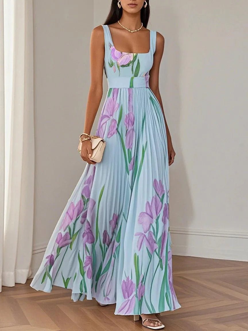 Josefine | A-Line Maxi Kjole Plisseret Blomsterprint Firkantet