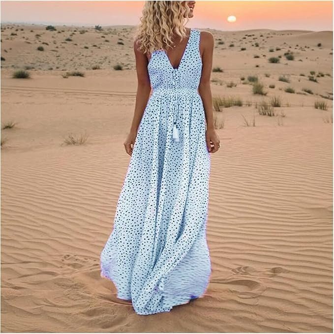 Isabella | Boho Maxi Kjole Prikket V-Udskæring Løs Sommer