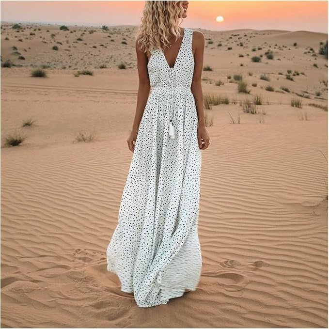 Isabella | Boho Maxi Kjole Prikket V-Udskæring Løs Sommer