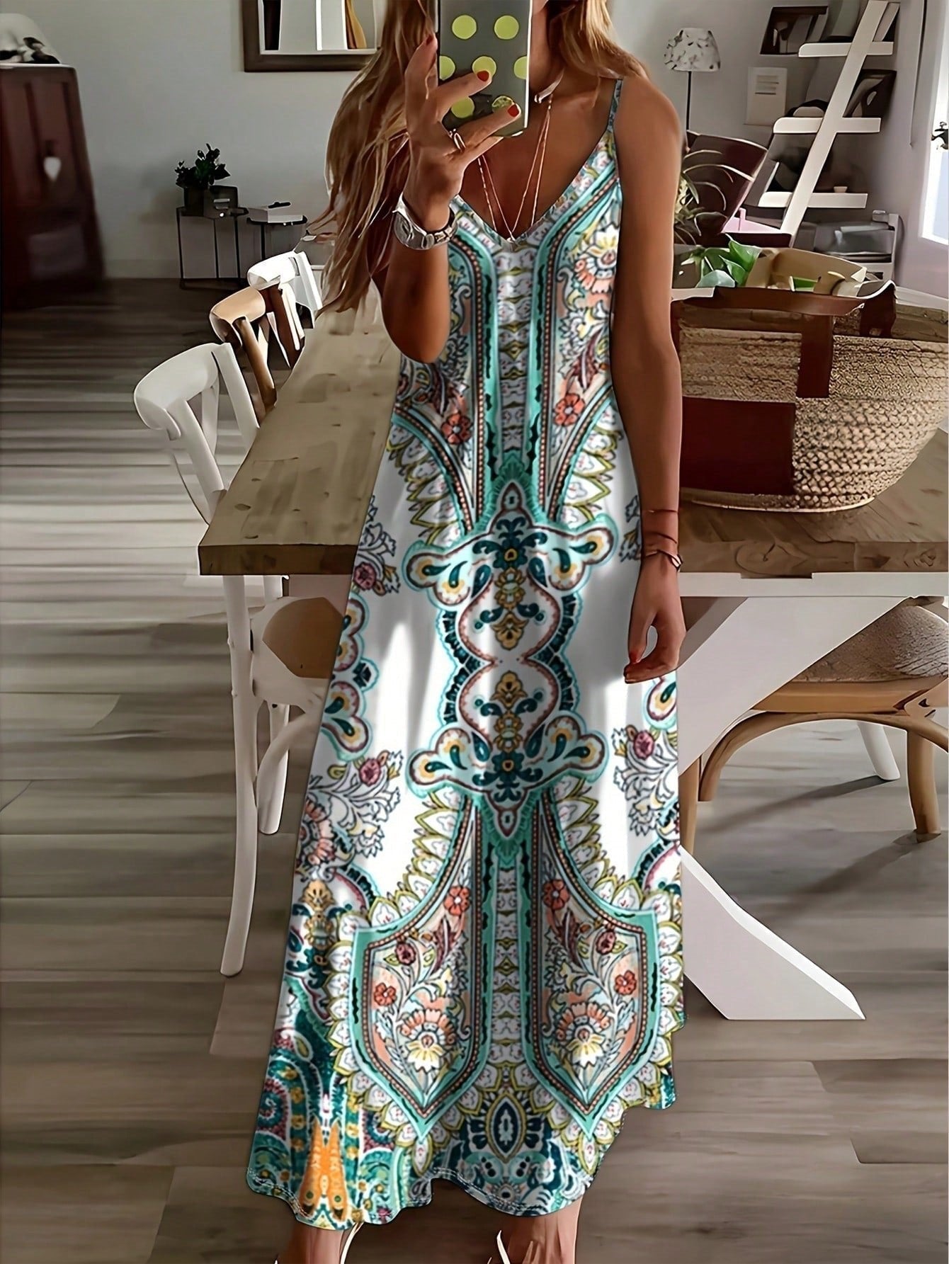 Karla | Boho Maxi Kjole V-Udskæring Paisley Print Stropper