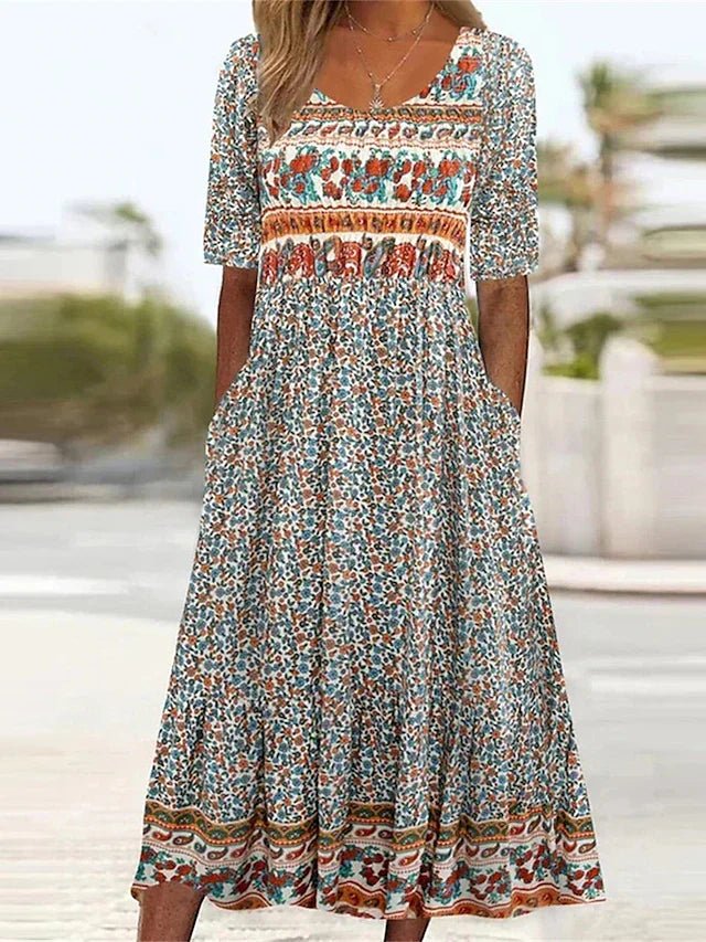 Emma | Boho Maxikjole Rund Hals Blomsterprint Sommerkjole