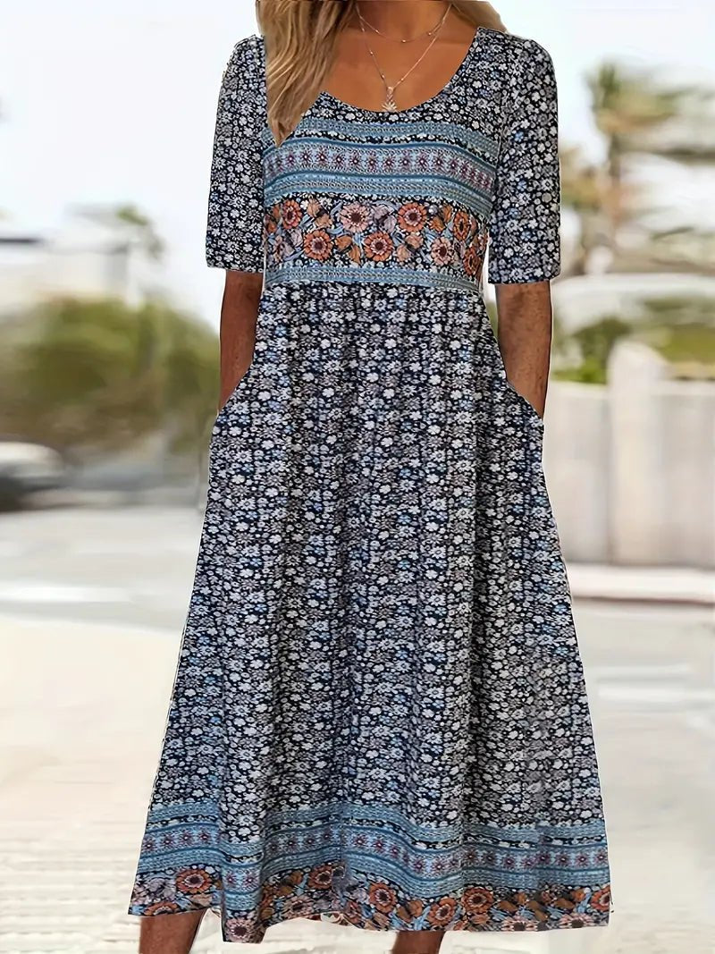 Emma | Boho Maxikjole Rund Hals Blomsterprint Sommerkjole