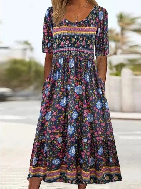 Emma | Boho Maxikjole Rund Hals Blomsterprint Sommerkjole