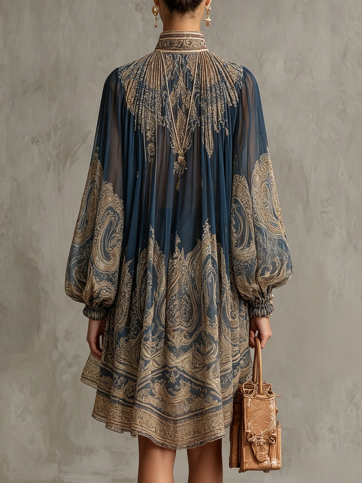 Astrid | Dame Barok Print Chiffon Kjole Høj Hals Langærmet