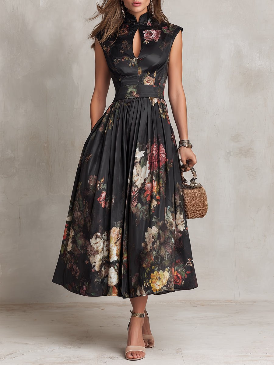 Liv | Dame Blomstret Satin Plisseret Midi Kjole