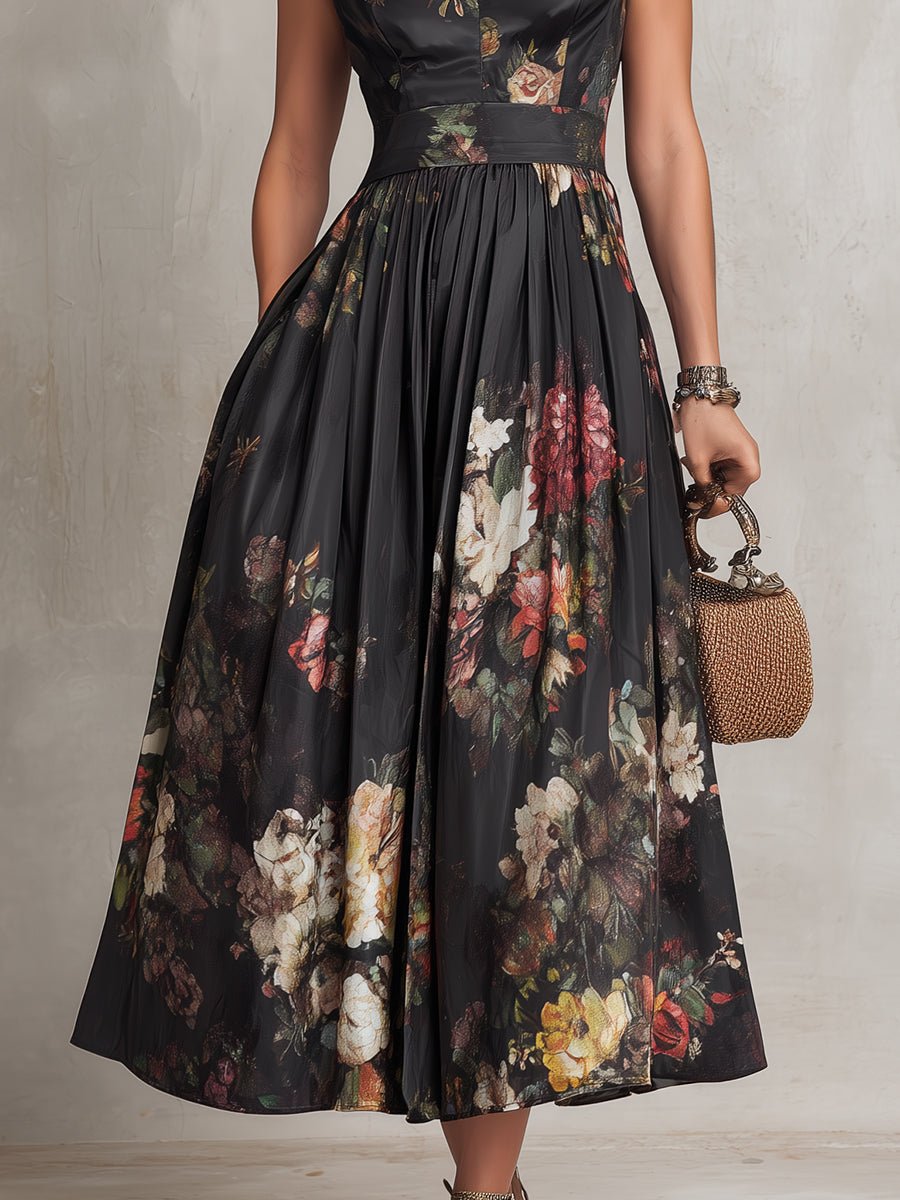 Liv | Dame Blomstret Satin Plisseret Midi Kjole