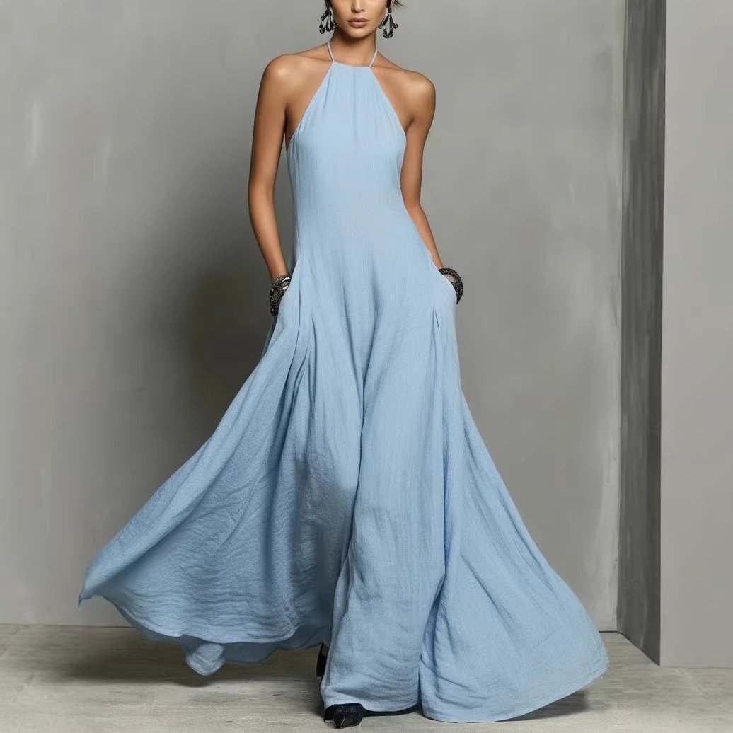 Clara | Dame Halterneck Linned Maxi Kjole