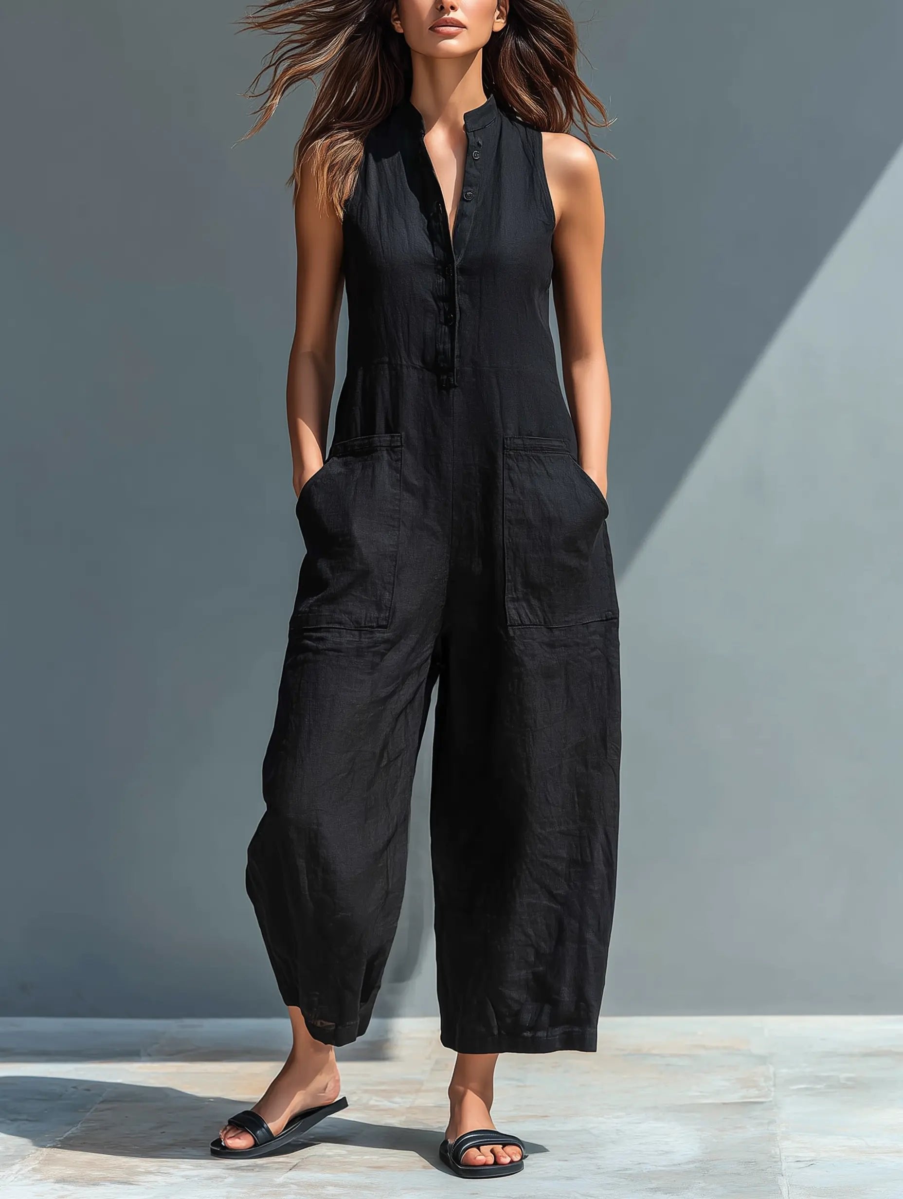 Liv | Dame Linen Ærmeløs Button-Up Jumpsuit med Stående Krave