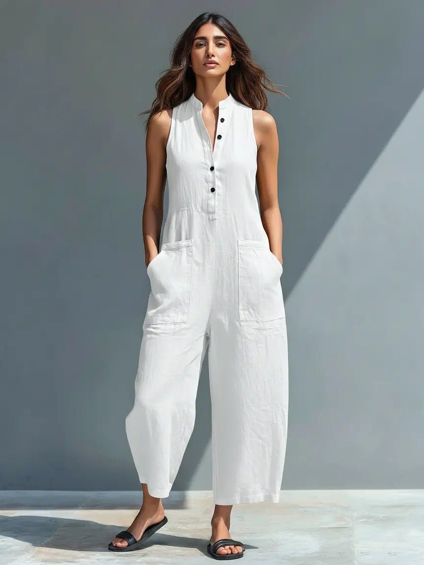 Liv | Dame Linen Ærmeløs Button-Up Jumpsuit med Stående Krave