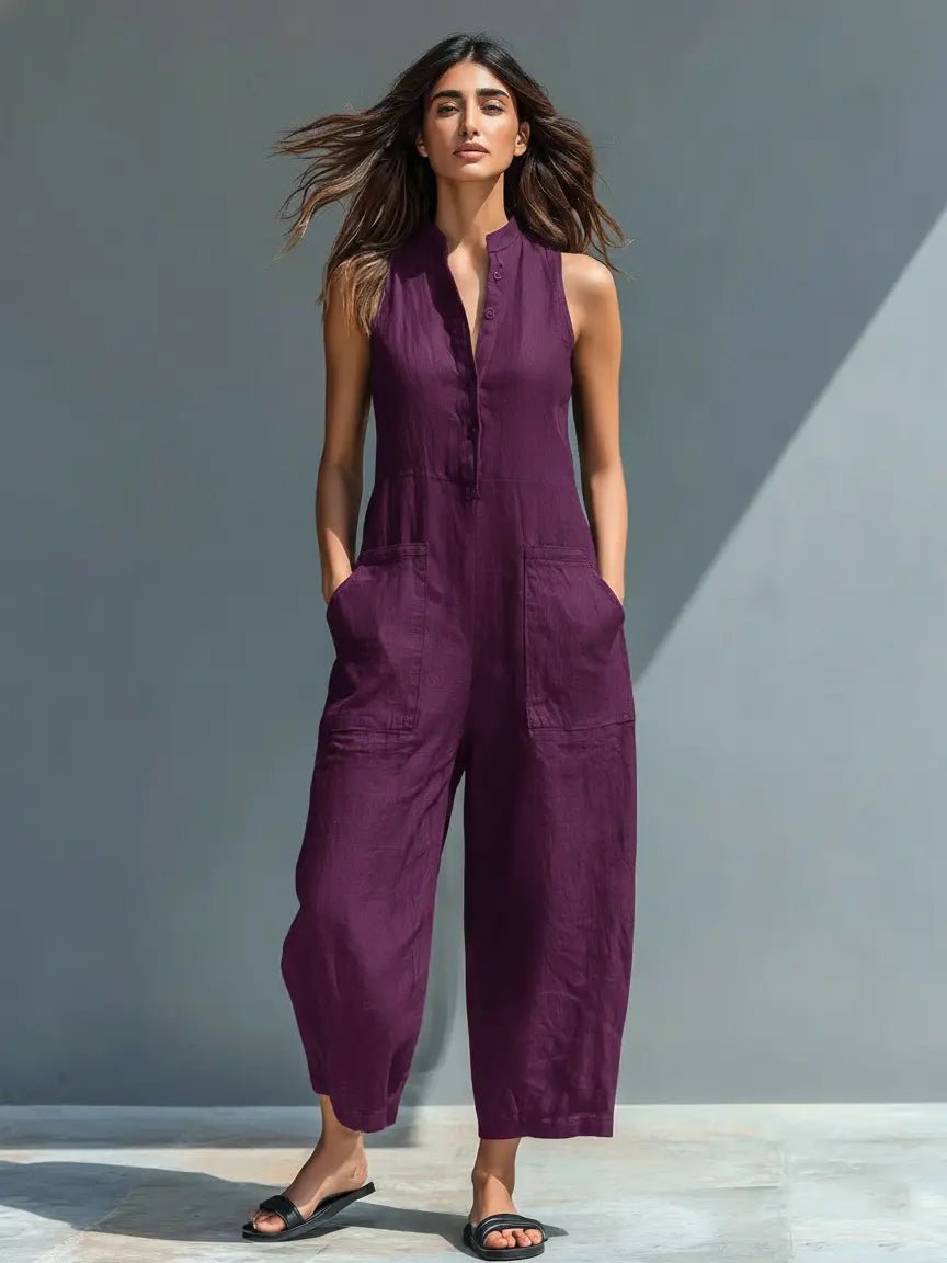 Liv | Dame Linen Ærmeløs Button-Up Jumpsuit med Stående Krave