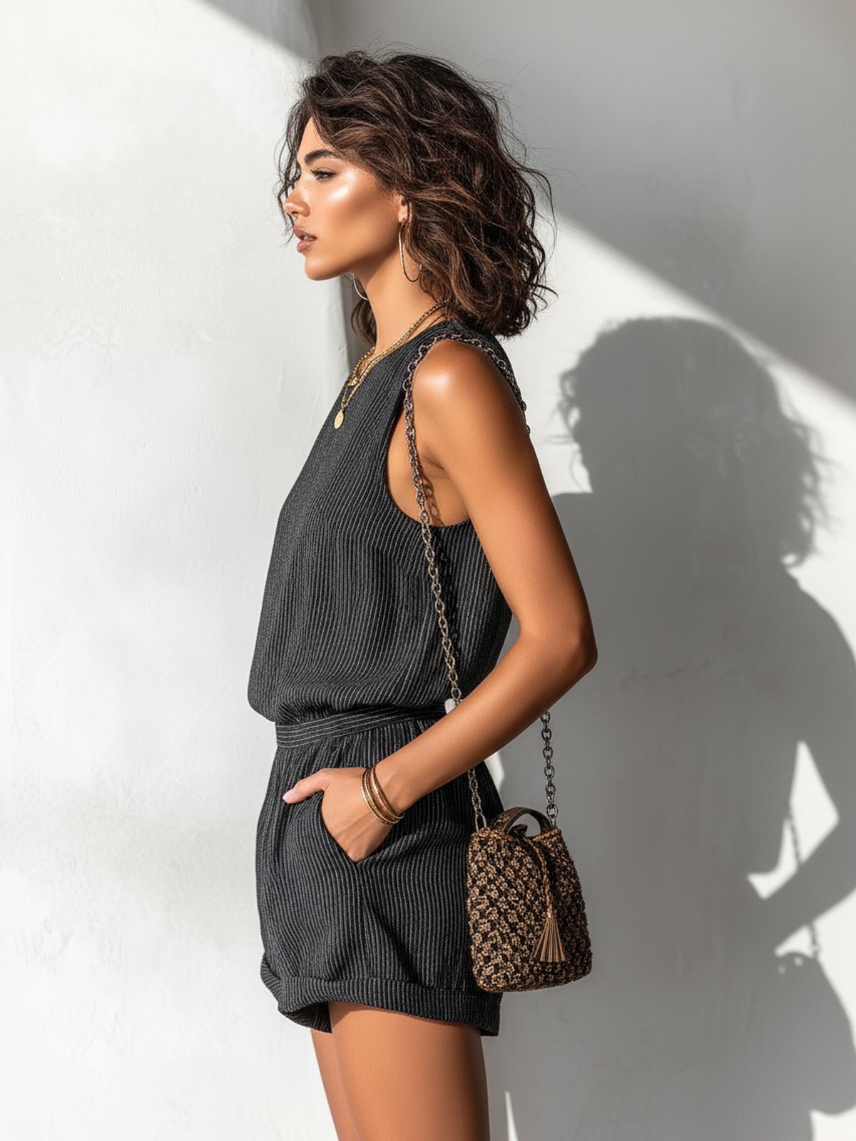 Agnes | Dame Stribet Hør-Blend Ærmeløs Jumpsuit