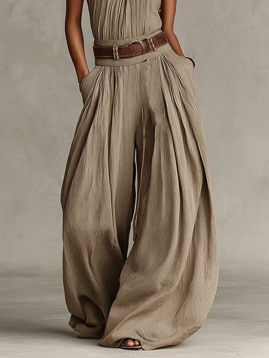 Liv | Dame Taupe Halterneck Wide-Leg Jumpsuit med Lommer