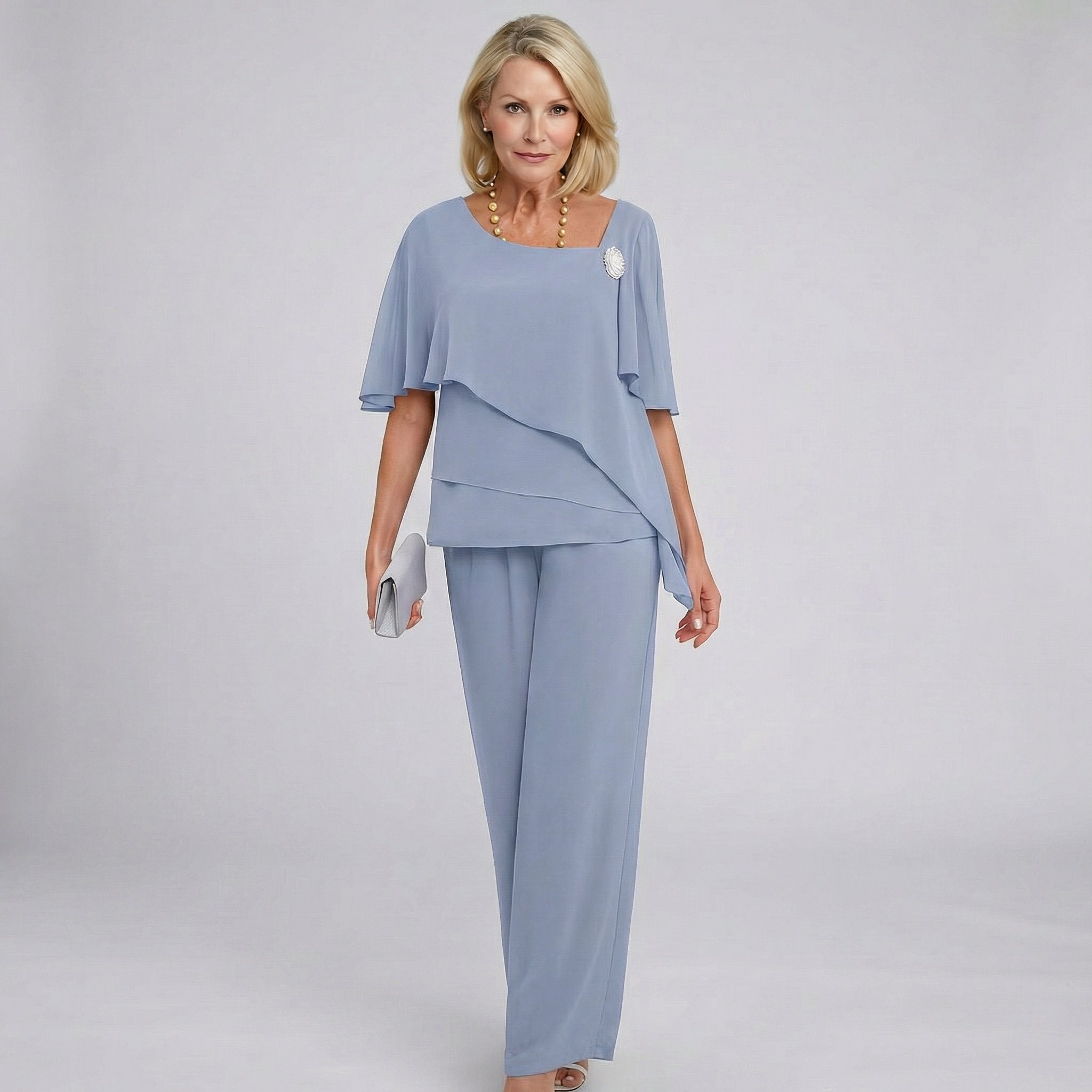 Mathilde | Damers Chiffon Cape-Ærme Two-Piece Set Bukser med Brede Ben