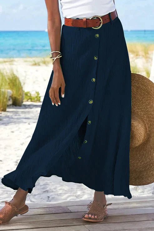 Isabella | Dames Højtaljede Krøllet Linned-Look Maxi Knappeskørt