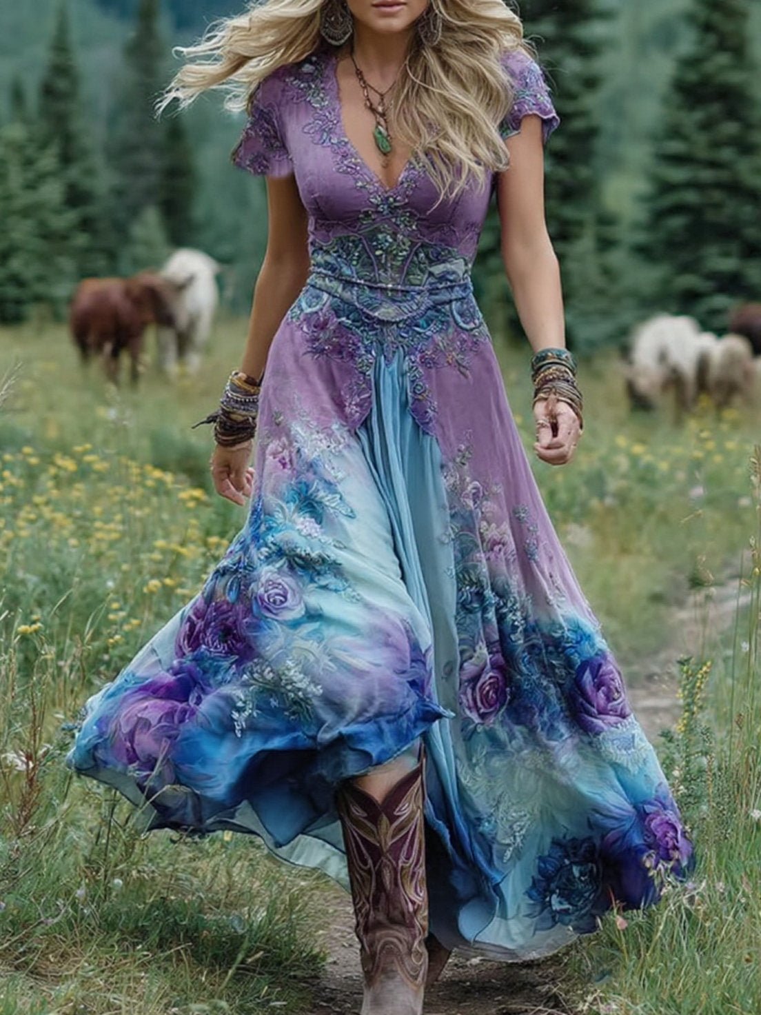 Astrid | Dames V-hals Blomster Maxi Kjole