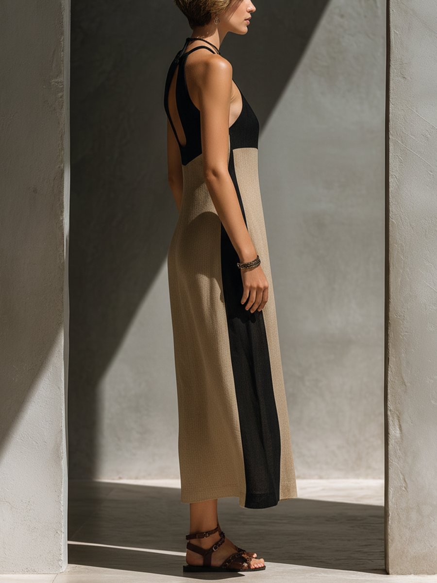 Anna | Midi Kjole Halterneck Color Block Sort Beige