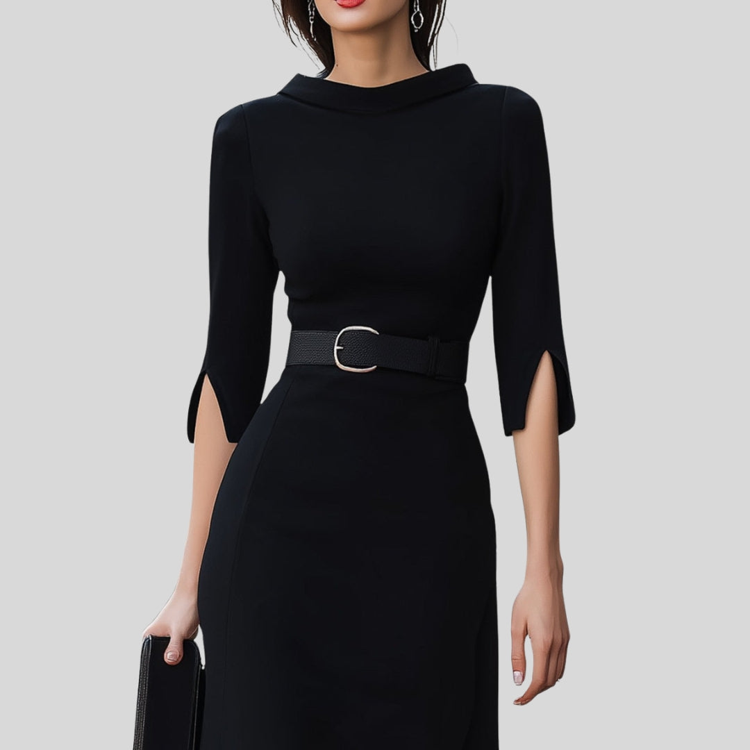 Ragna | Dame Elegant Midi Kjole Med Bælte