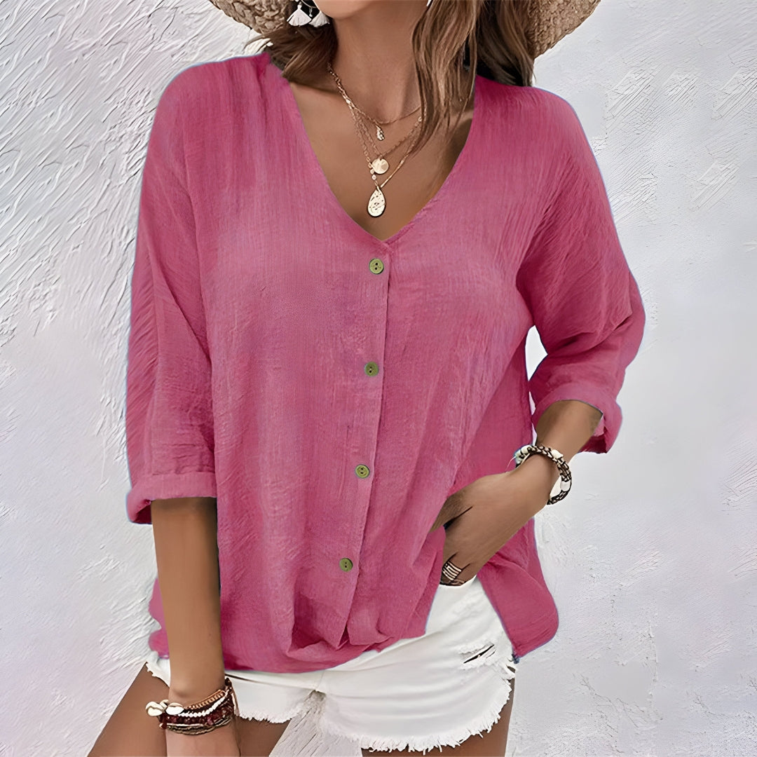 Susanne | Dame Knaplukning V Hals Casual Top