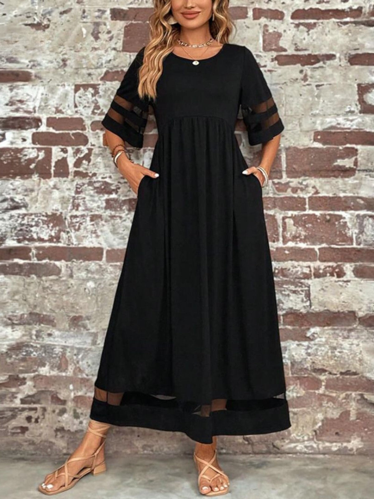 Tine | Dame Elegant Maxi Kjole Med Gennemsigtige Paneler