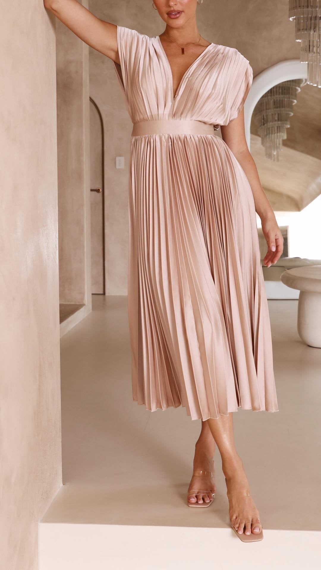 Emilia | Dame Elegant Dyb V Plisseret Midi Kjole