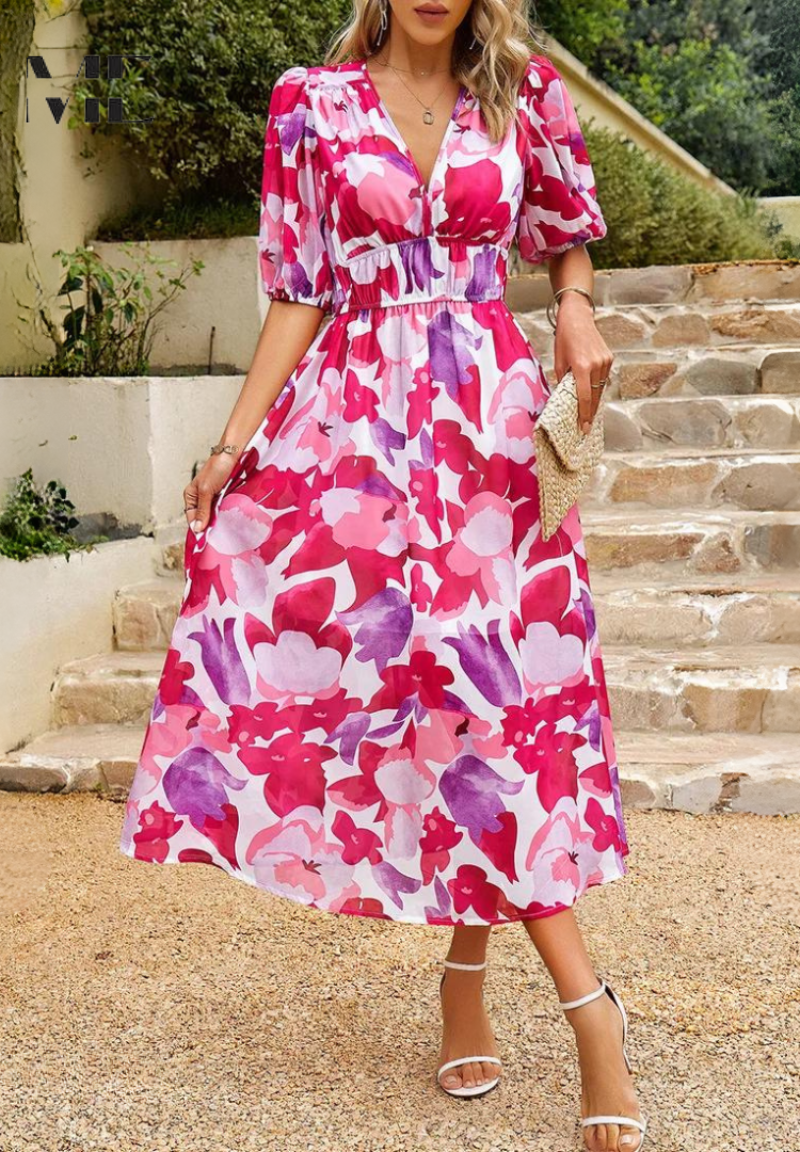 Felicia | Dame Farverig Blomstret V-Hals Midi Kjole