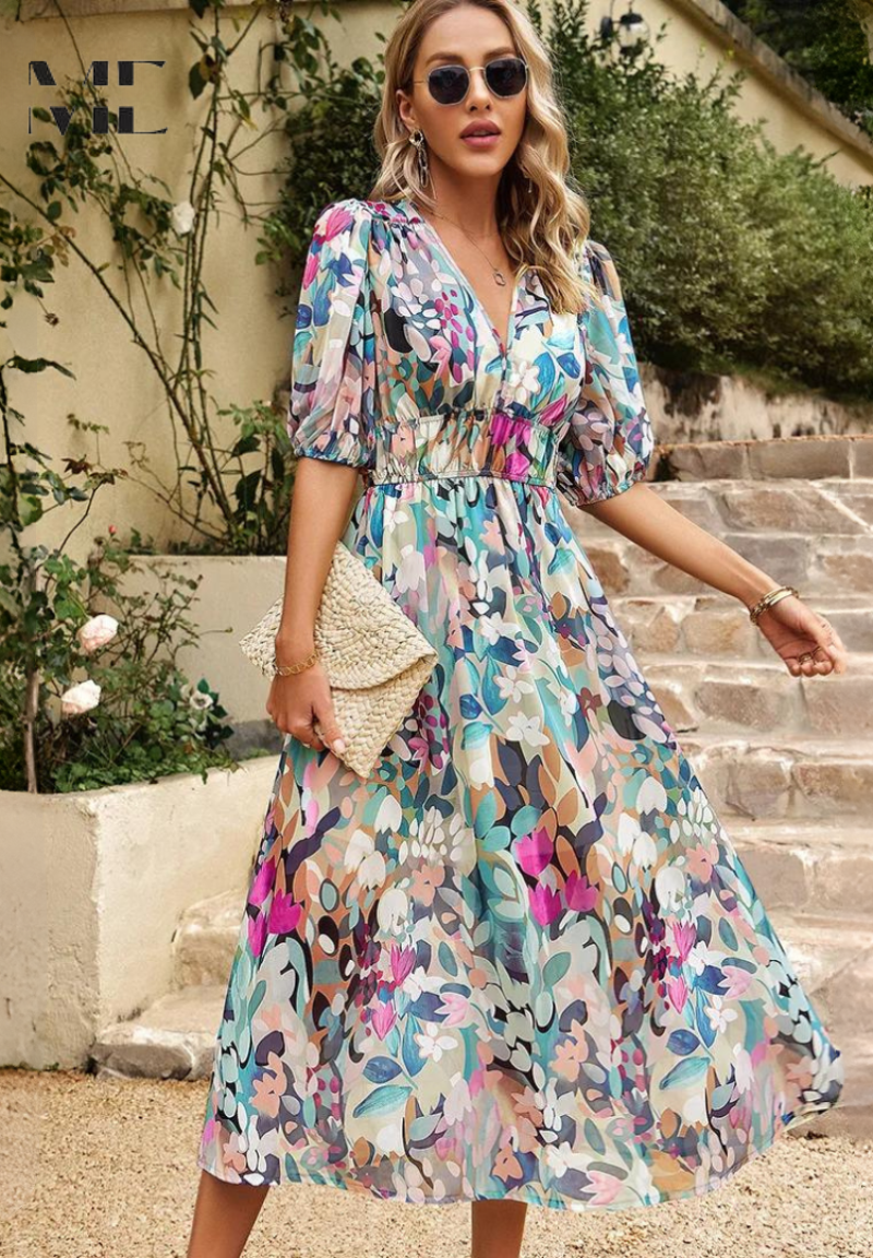 Felicia | Dame Farverig Blomstret V-Hals Midi Kjole