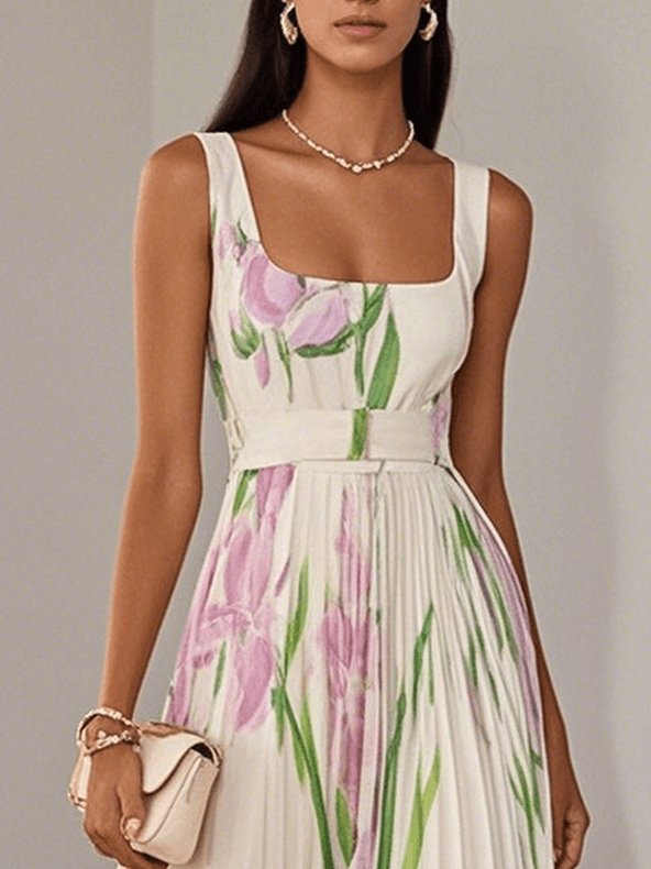 Josefine | A-Line Maxi Kjole Plisseret Blomsterprint Firkantet