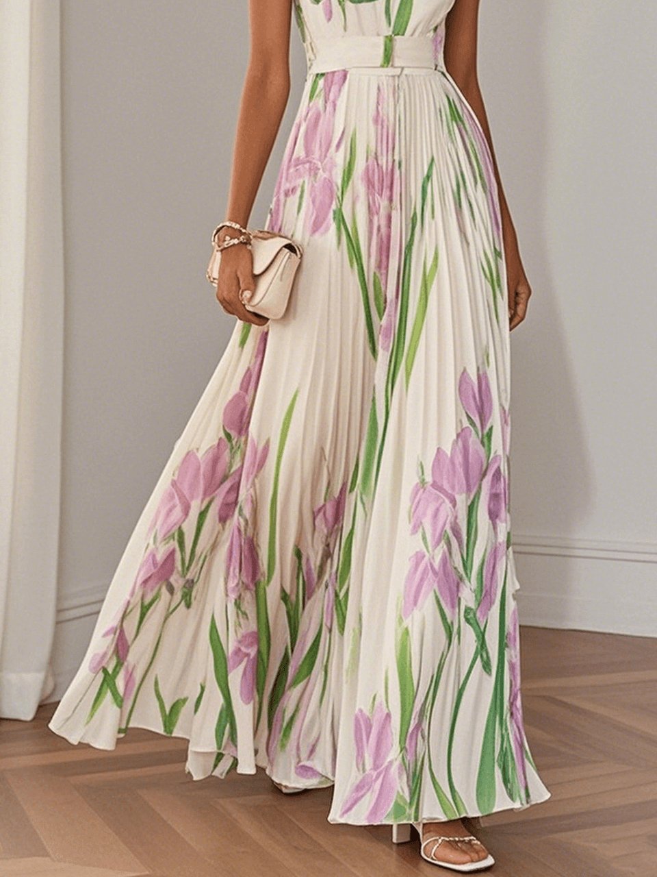 Josefine | A-Line Maxi Kjole Plisseret Blomsterprint Firkantet