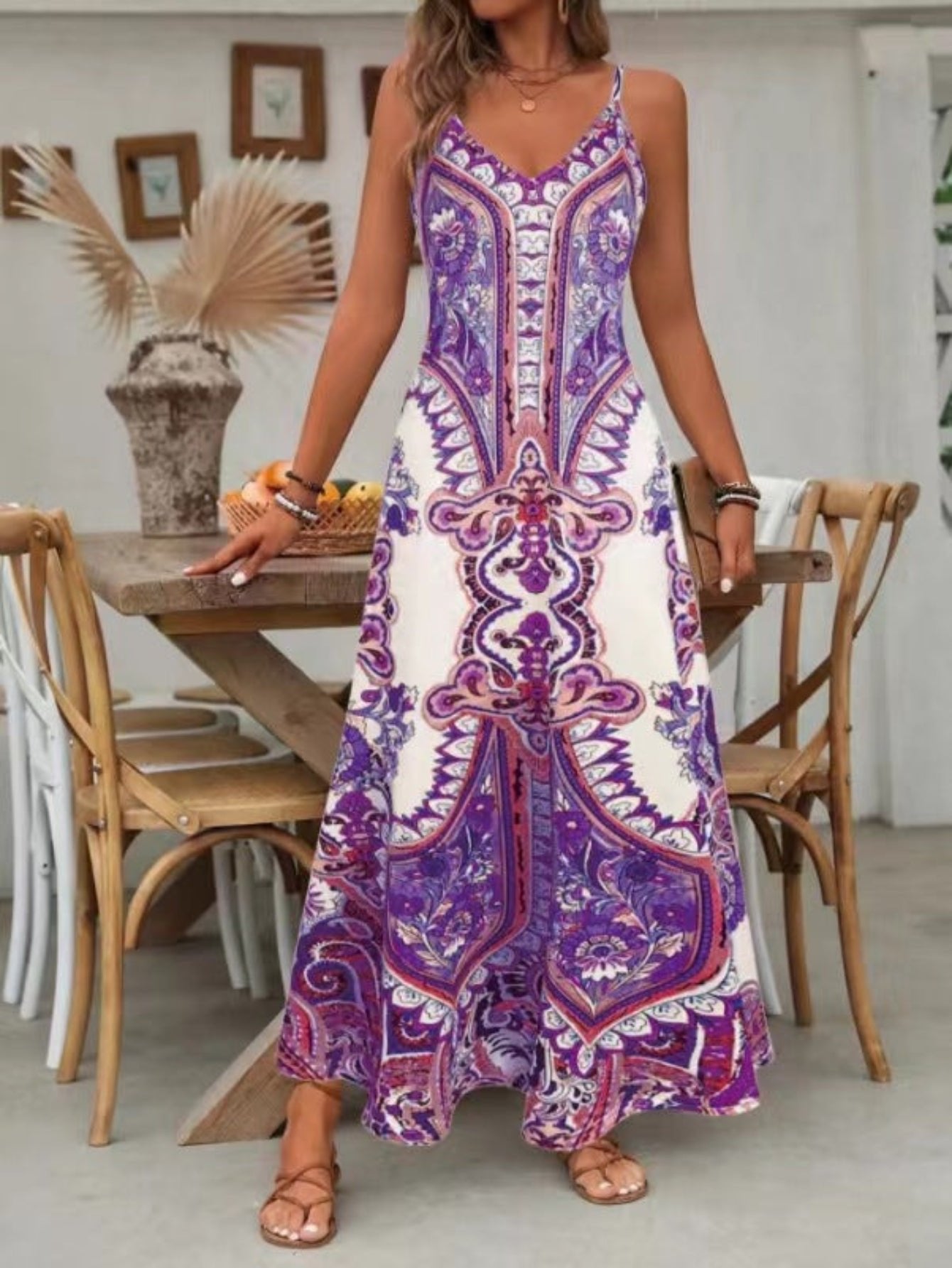 Karla | Boho Maxi Kjole V-Udskæring Paisley Print Stropper