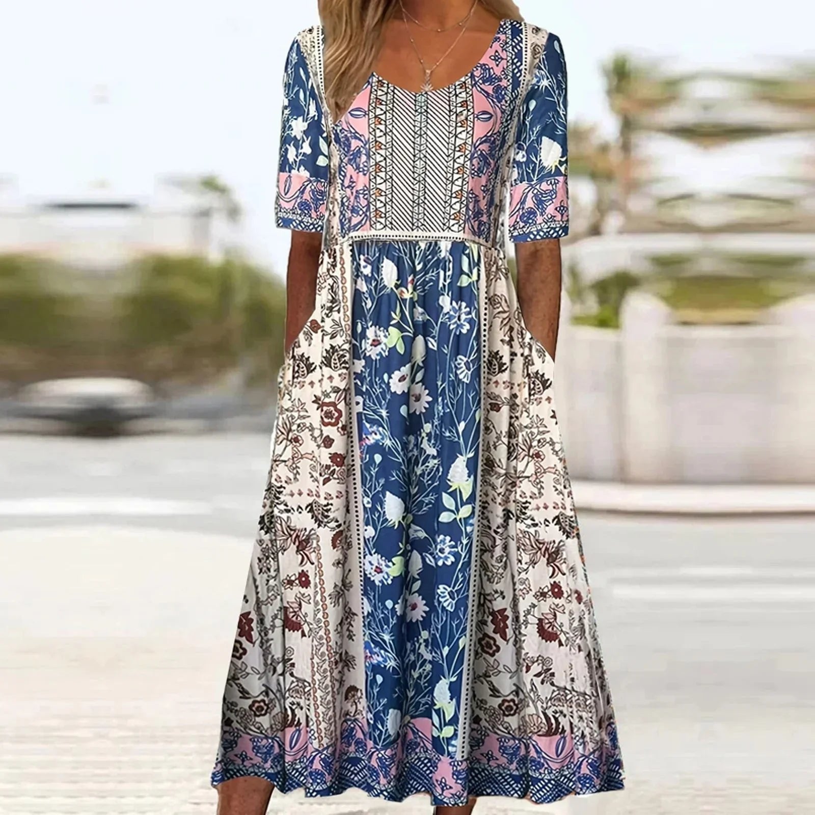 Emma | Boho Maxikjole Rund Hals Blomsterprint Sommerkjole