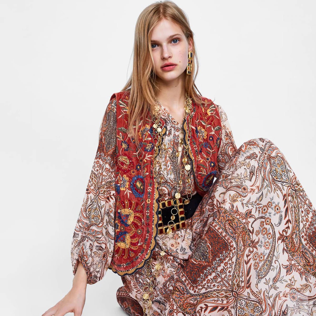 Liv | Boho Vest Broderet Velour Blommende Waistcoat