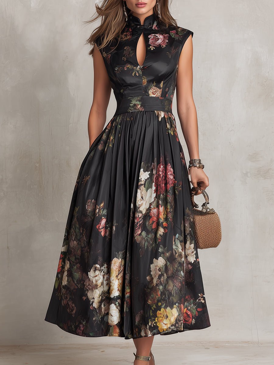 Liv | Dame Blomstret Satin Plisseret Midi Kjole