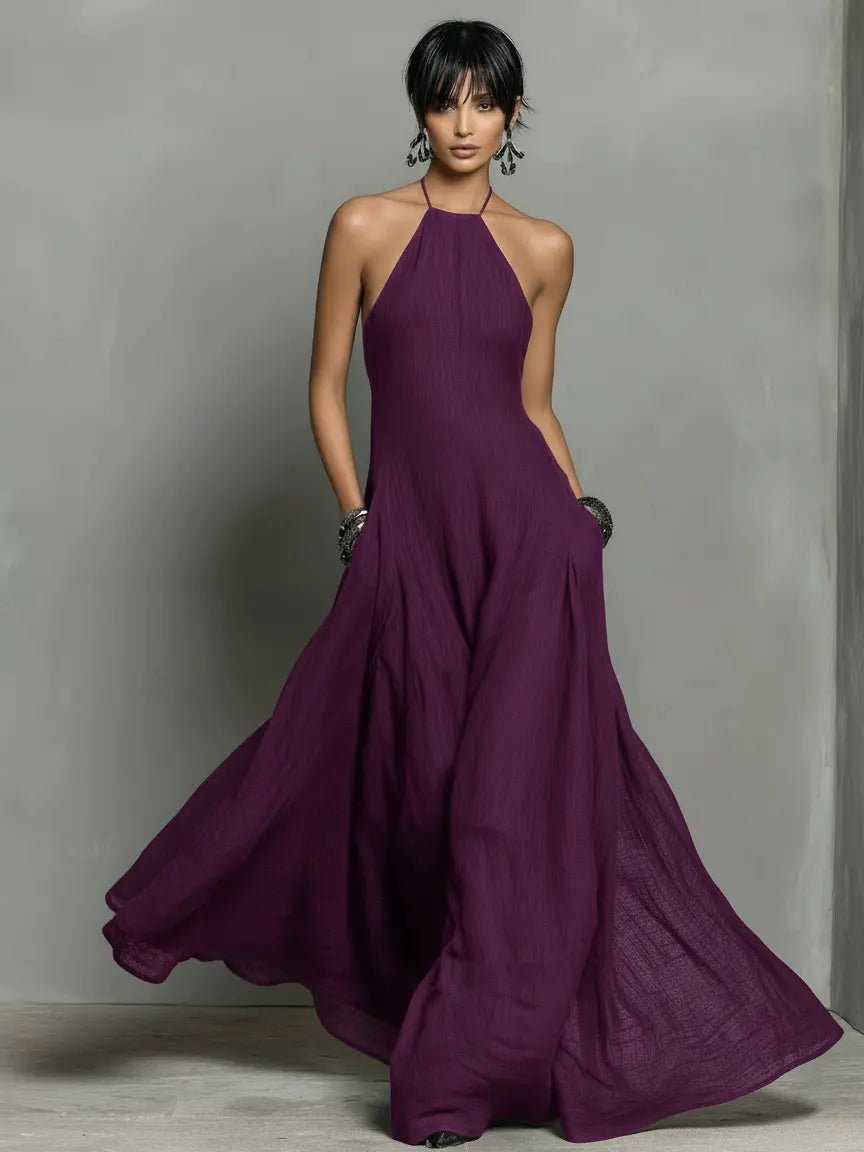 Clara | Dame Halterneck Linned Maxi Kjole