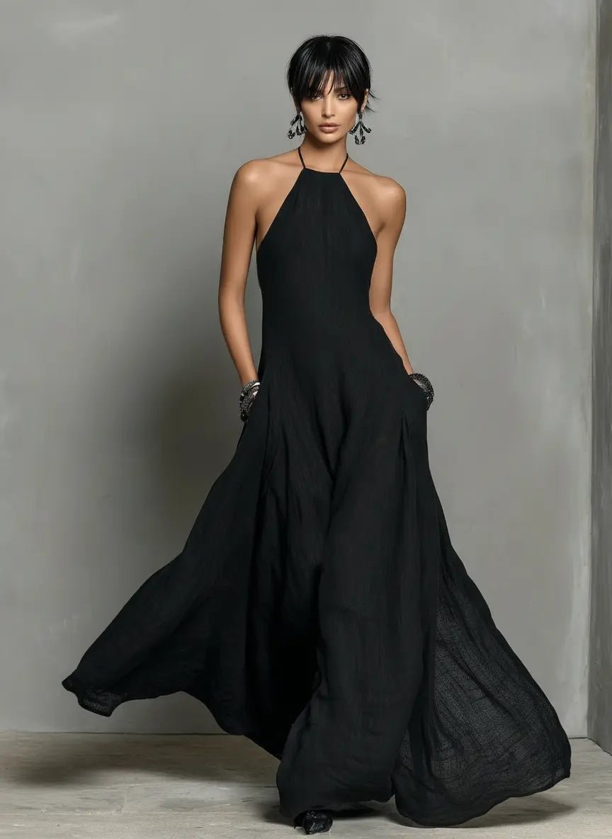 Clara | Dame Halterneck Linned Maxi Kjole