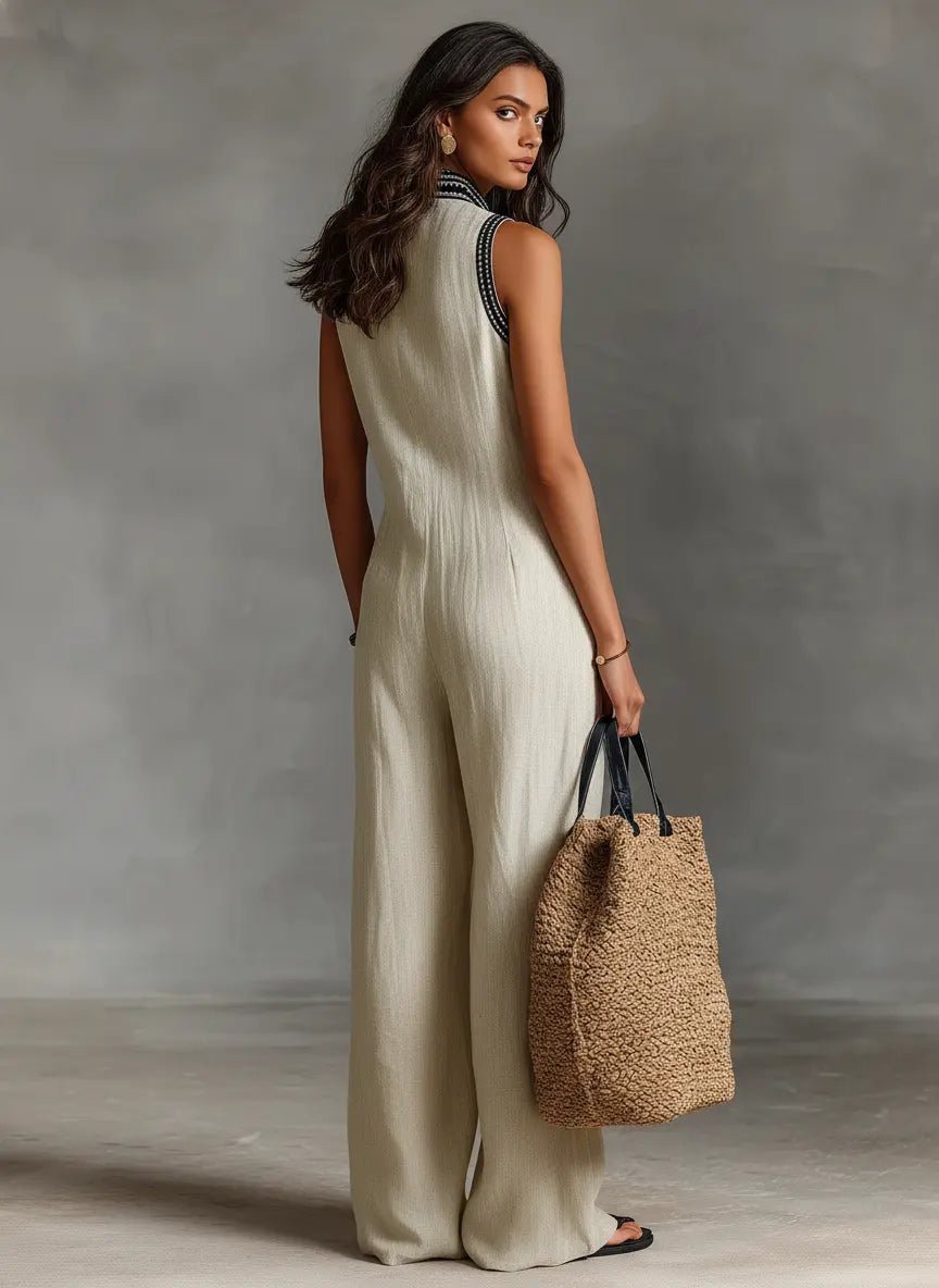 Nora | Dame Linen Ærmeløs Broderet Jumpsuit