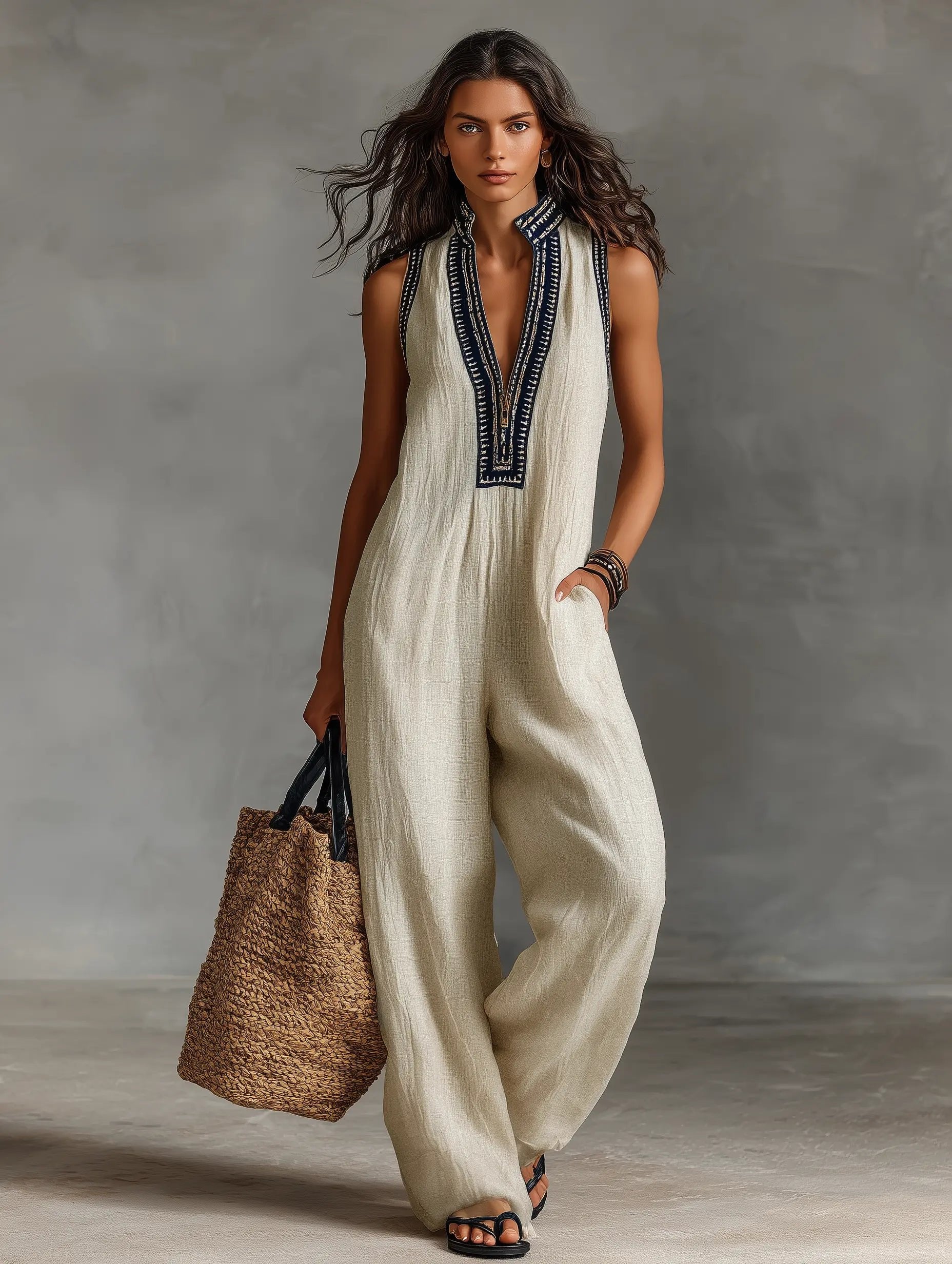 Nora | Dame Linen Ærmeløs Broderet Jumpsuit