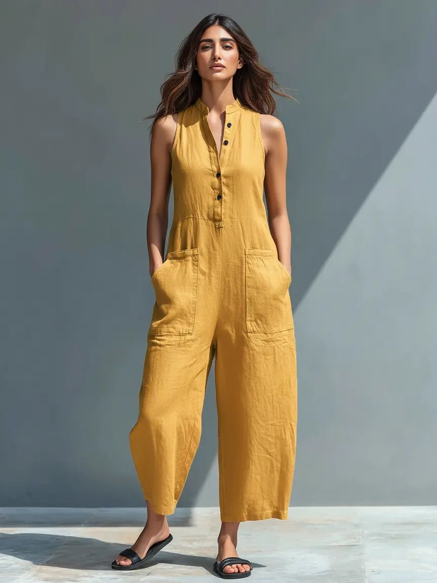 Liv | Dame Linen Ærmeløs Button-Up Jumpsuit med Stående Krave