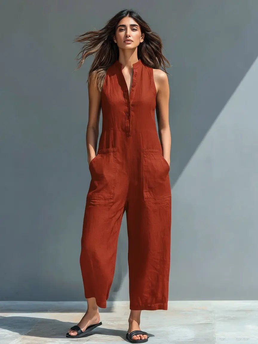 Liv | Dame Linen Ærmeløs Button-Up Jumpsuit med Stående Krave