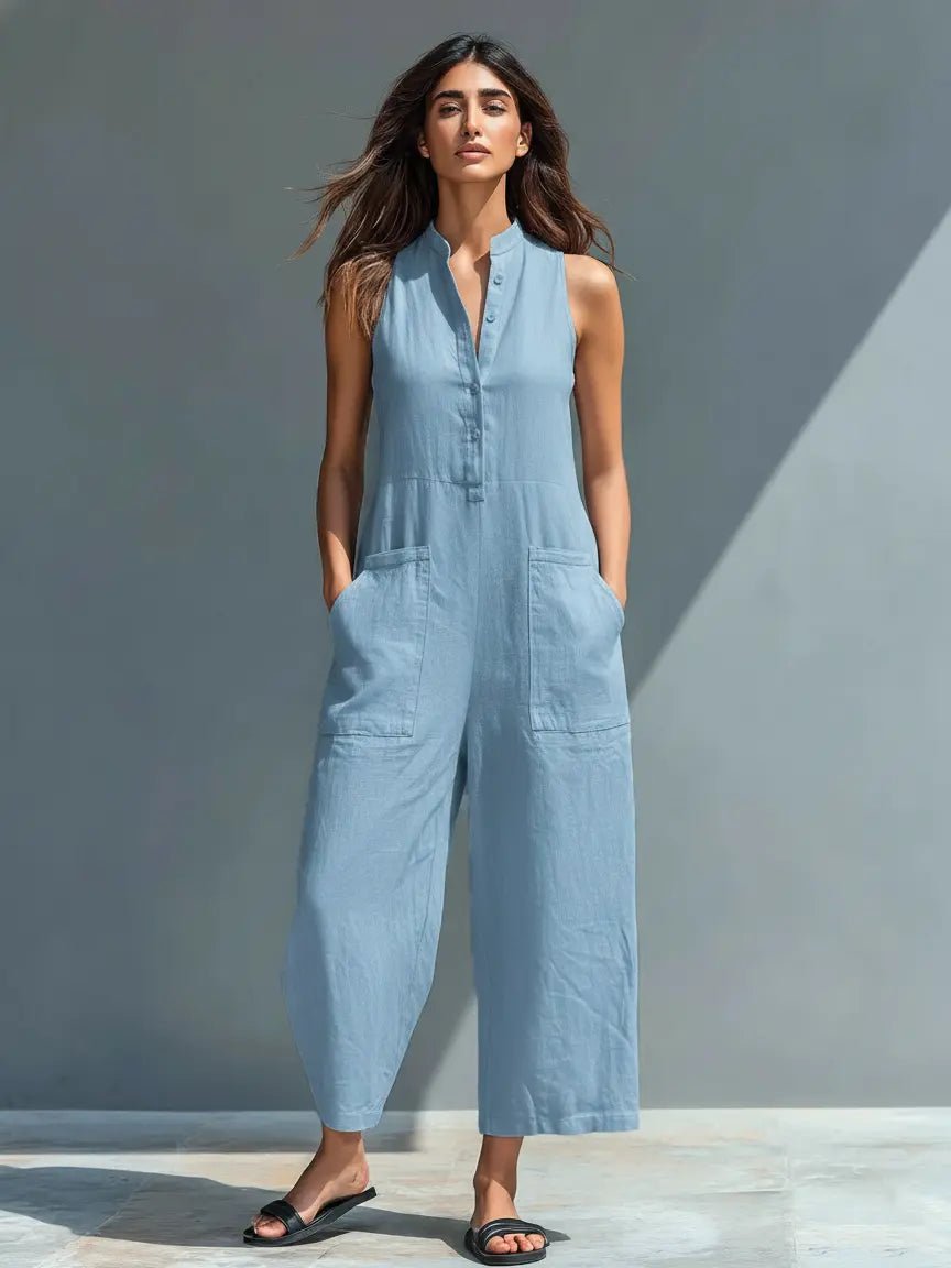 Liv | Dame Linen Ærmeløs Button-Up Jumpsuit med Stående Krave
