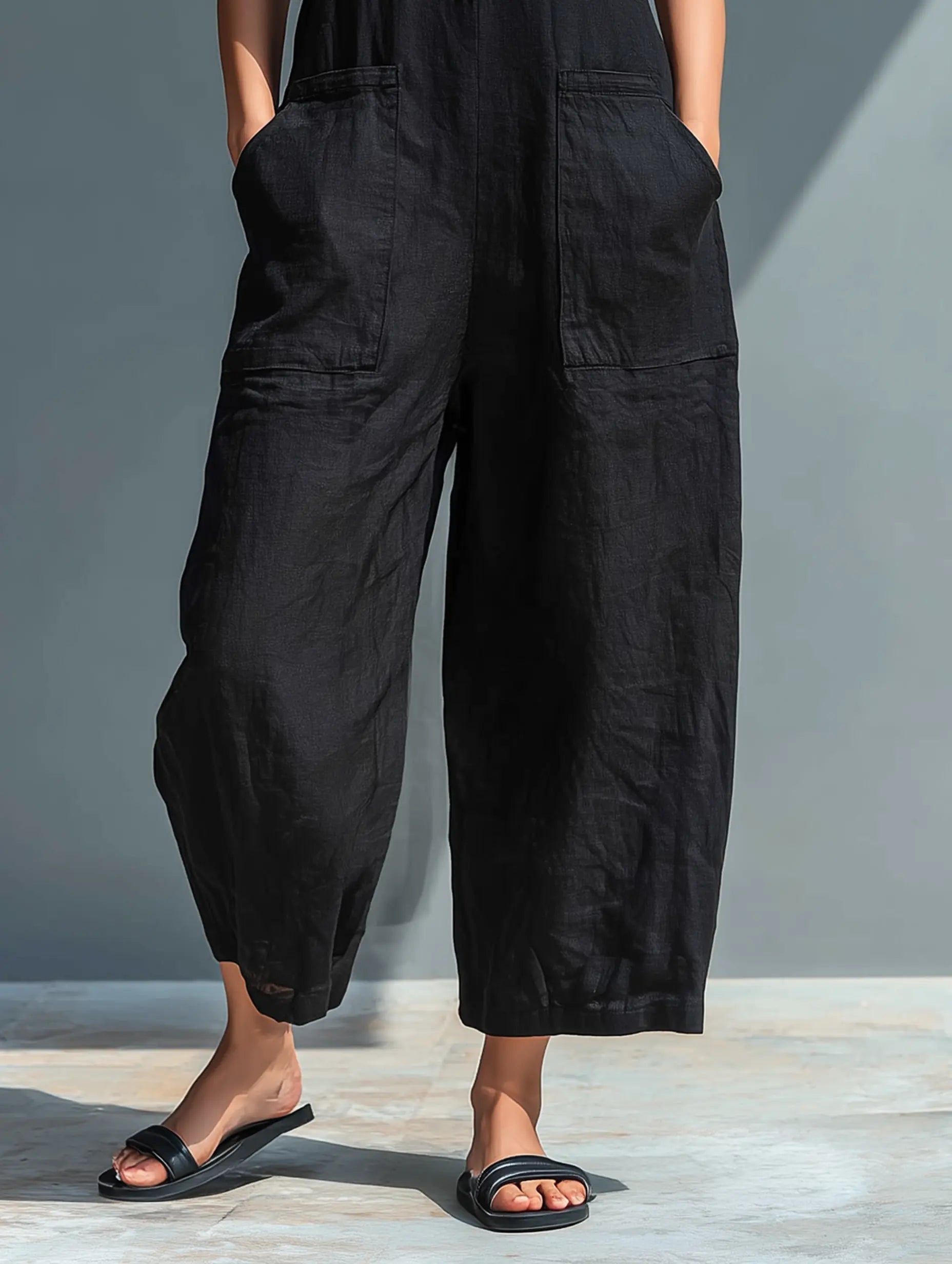 Liv | Dame Linen Ærmeløs Button-Up Jumpsuit med Stående Krave